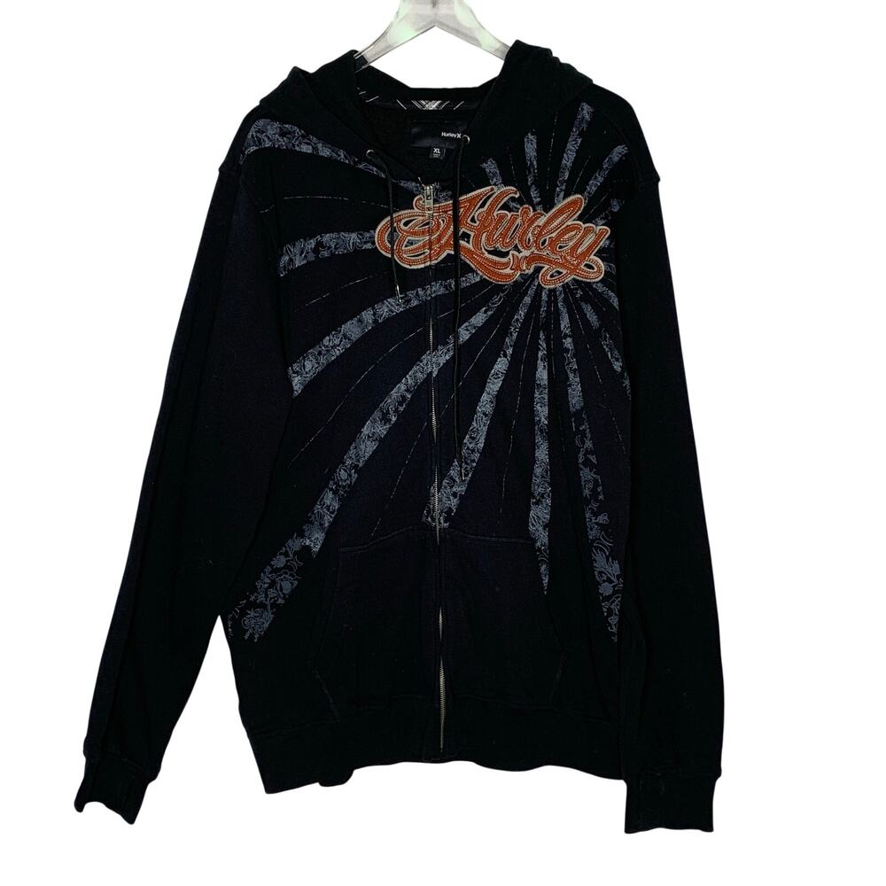 Vintage Hurley Full Zip Grunge Hoodie Sweatshirt XL Black Y2K 2000 Streetwear